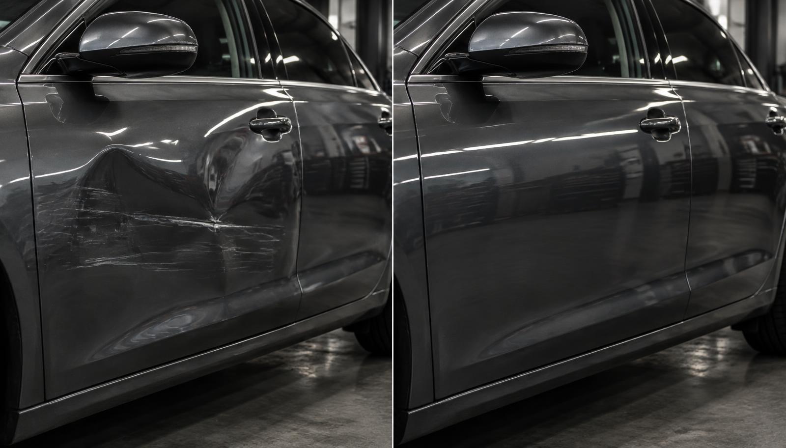Damaged and restored car door shown side by side