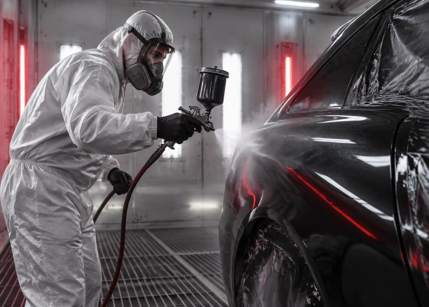 Technician refinishing a vehicle inside a spray booth