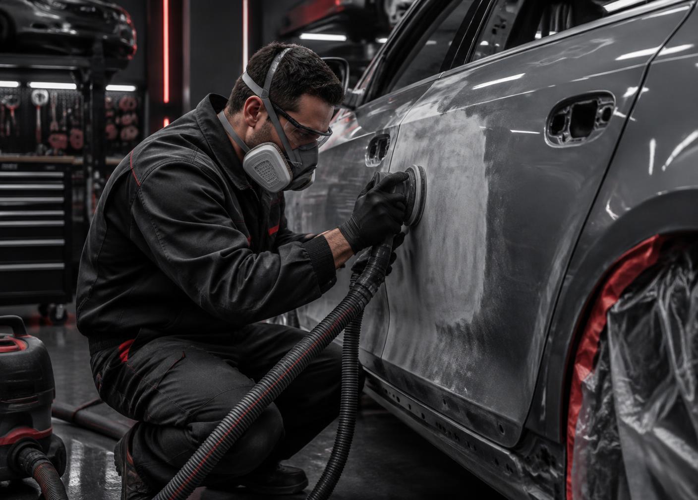 Technician preparing a damaged car door